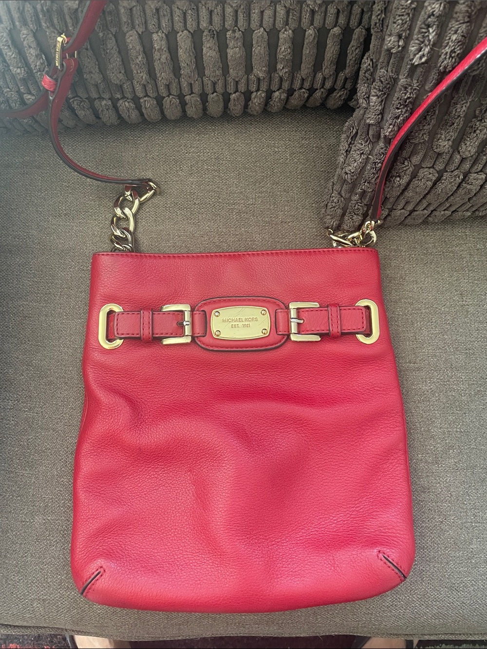 Michael Kors Pink-Red Pebbled Leather Crossbody with Gold Hardware